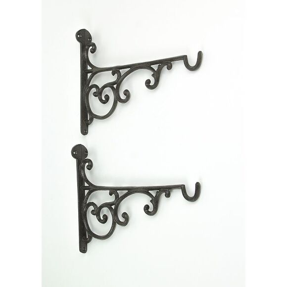 Set of 2 Rustic Brown Cast Iron Scroll Wall Shelf Brackets / Plant Hangers - Picture 4 of 5
